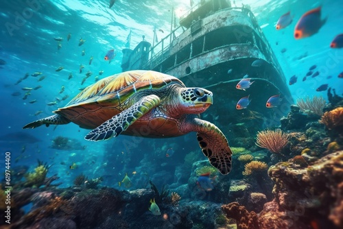 Underwater scene with sea turtle gracefully emerging from sunken shipwreck, surrounded tropical fish