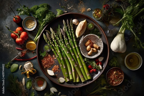 Green asparagus on a plate, accompanied by an array of aromatic herbs, spices photo