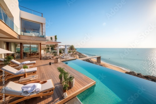Beachfront villa with expansive sea view, sparkling swimming pool and elegant terrace, perfect for lavish vacation. Generative AI © Postproduction