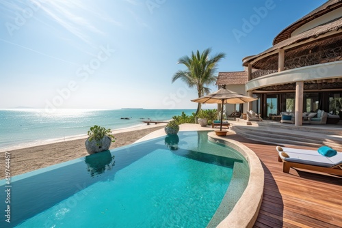 Beachfront villa with expansive sea view  sparkling swimming pool and elegant terrace  perfect for lavish vacation. Generative AI