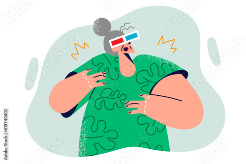 Mature woman gets scared first time seeing movie using 3d glasses and having seen special effects