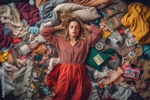 Lazy weekend vibes. Top view of disheveled woman on unmade bed, surrounded by all kinds of stuff. Depression and fatigue from responsibilities