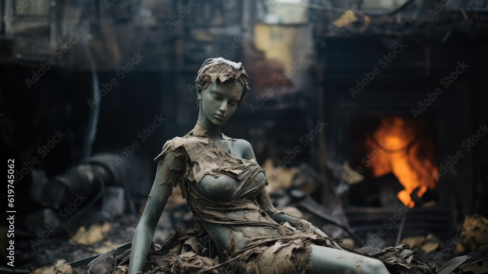 Sad emotional scene of a neoclassical French marble statue broken in a fallen war torn city, charred and burnt surrounded by destroyed building ruins  - generative AI