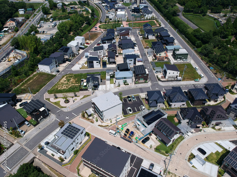 航空撮影した新築の住宅街の全景風景