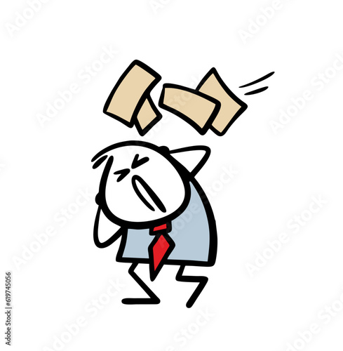 Poor stickman closed ears and eyes escapes of sheets of paper falling down on his head. Vector illustration of sad businessman at additional work.