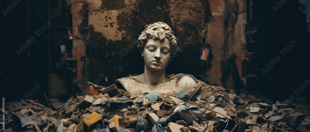 Sad emotional scene of a neoclassical French marble statue broken in a fallen war torn city, charred and burnt surrounded by destroyed building ruins  - generative AI