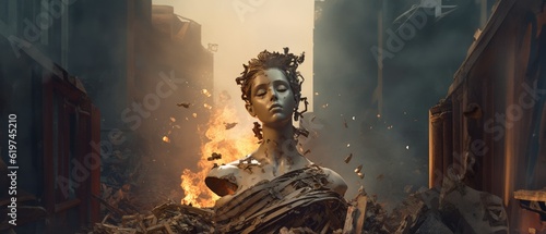 Sad emotional scene of a neoclassical French marble statue broken in a fallen war torn city, charred and burnt surrounded by destroyed building ruins  - generative AI photo