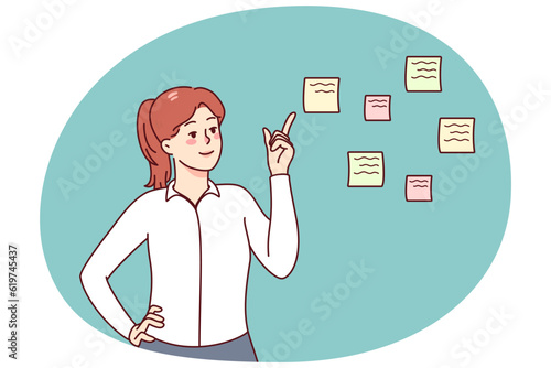 Smiling businesswoman point at sticky notes with numbers planning tasks. Happy woman prioritize to do list, share work schedule. Time management concept. Vector illustration.