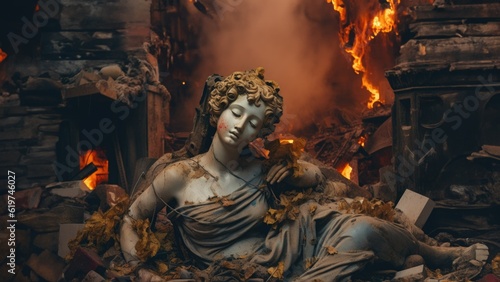 Sad emotional scene of a neoclassical French marble statue broken in a fallen war torn city, charred and burnt surrounded by destroyed building ruins - generative AI