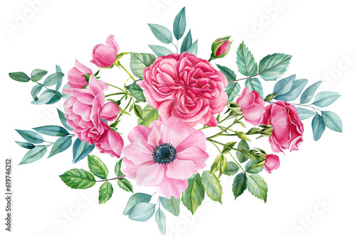 Beautiful flowers isolated on white background. Hand-drawn in watercolor, a bouquet of delicate flowers