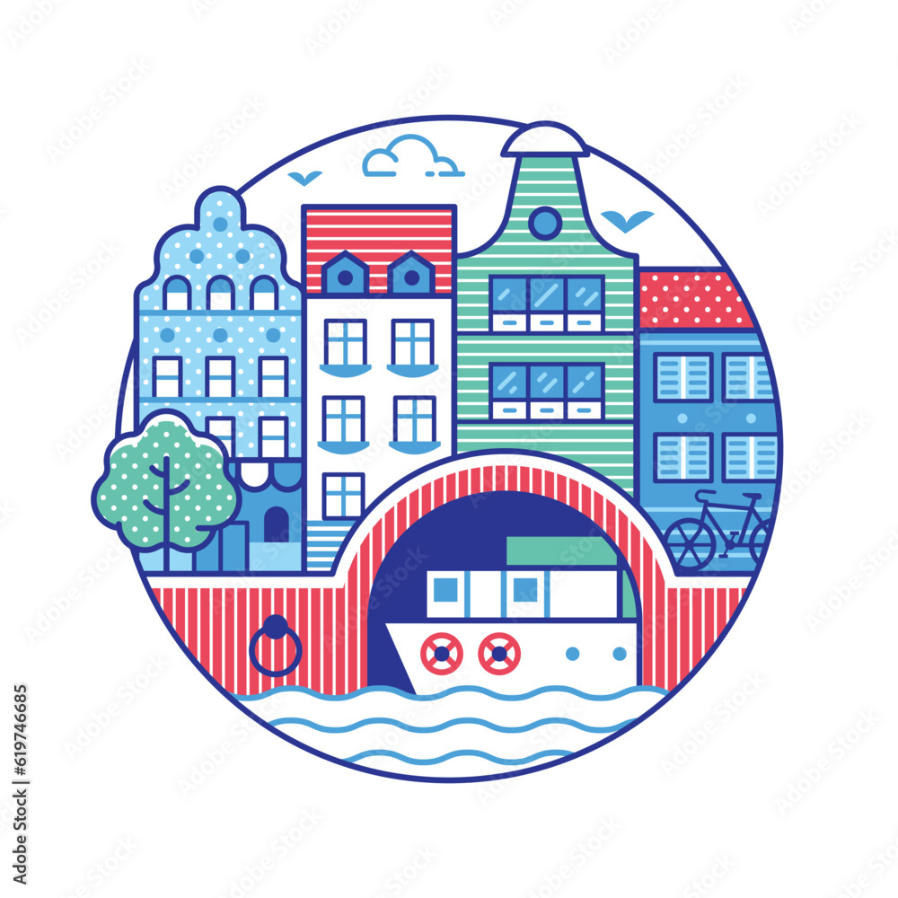 Travel Amsterdam Circle Icon with Canal Houses