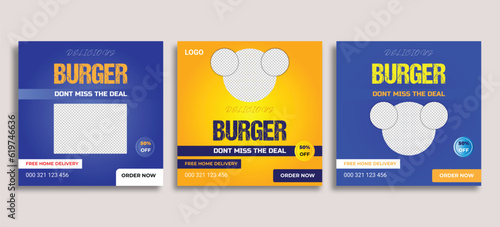 Social media food template, Restaurant social media square banner template for business promotion, Burger social media feed post template 