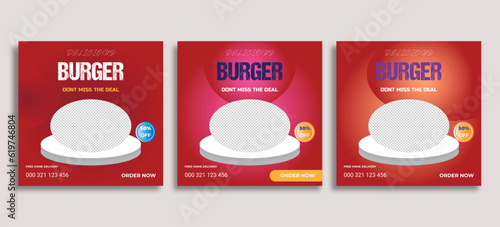 Social media food template, Restaurant social media square banner template for business promotion, Burger social media feed post template 