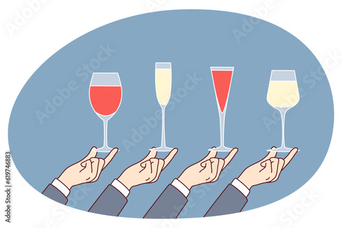Hands holding diverse glasses with alcoholic beverages. Sommelier tasting alcohol. Party or celebration. Drinks at bar. Flat vector illustration.