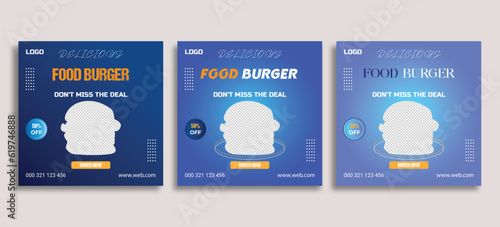 Social media food template, Restaurant social media square banner template for business promotion, Burger social media feed post template 