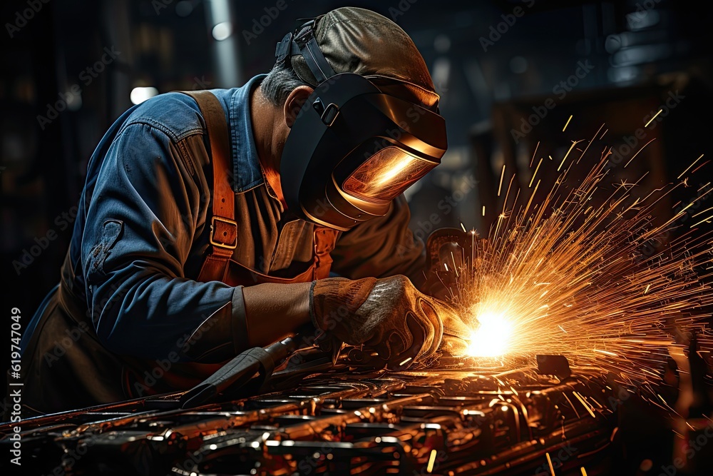 Workers in steel welding companies wearing industrial uniforms and Welded Iron Masks, industrial safety first idea. Workers in steel welding companies wearing industrial uniforms and Welded Iron Masks, industrial safety first idea.