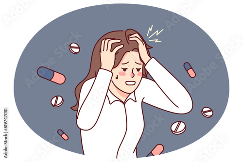 Unhealthy woman suffering from migraine need painkiller to relieve pain. Unwell female struggle with headache or dizziness. Healthcare and medication concept. Vector illustration.