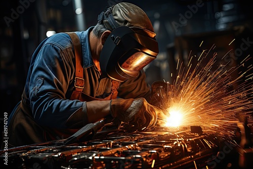 Workers in steel welding companies wearing industrial uniforms and Welded Iron Masks, industrial safety first idea.