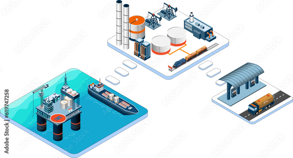 Gas and oil industry platform Banner with Outbuildings, Oil storage tank and gas station.  Isometric flat illustration isolated on white background.