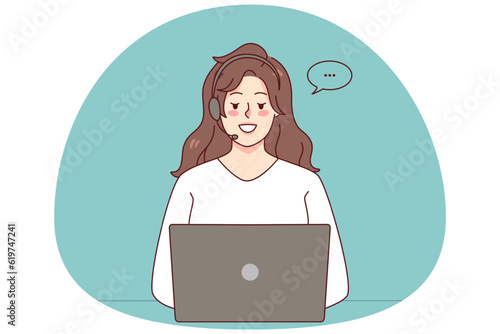Woman in headphones working on computer in office online. Smiling female call center agent in headset talking with customer using laptop. Helpline. Vector illustration.