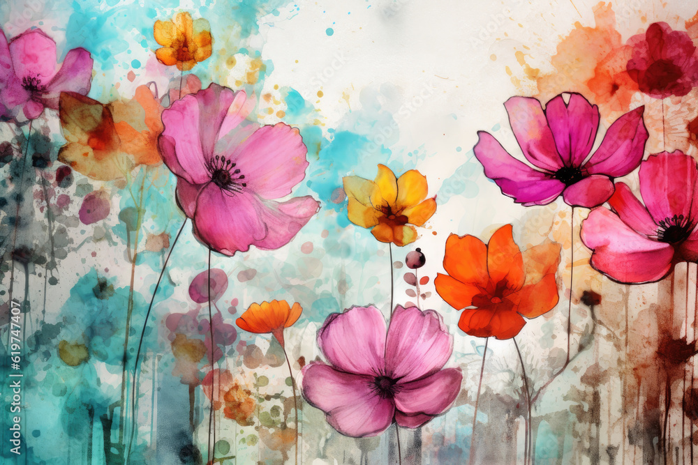 Watercolor background with flowers and plants - Generative AI