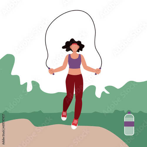 Beautiful active female jumping rope in park. Concept of boosting confidence with workouts. Regular physical activity. Time to loss weight. Vector flat illustration in green and red colors