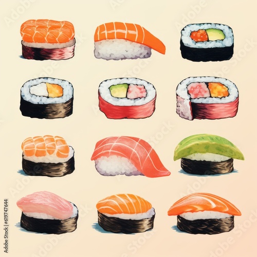 Sushi in retro style. Generative AI