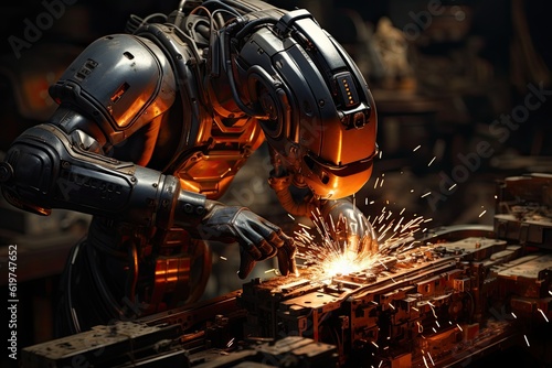 Industrial robot steel welding in company. Autonomous AI robot is being utilized in wielding. photo