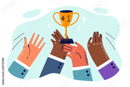 Hands employees people with golden cup for concept business rivalry and aspiration to become leader