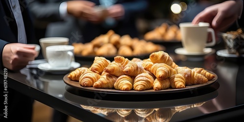 Croissant on table with blurred business style background