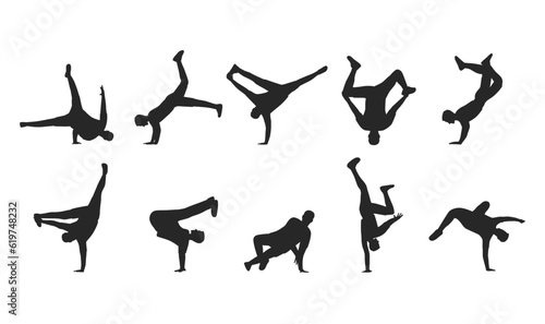 Set of silhouettes of dancers breakdance dancer. Flat vector illustration isolated on white background