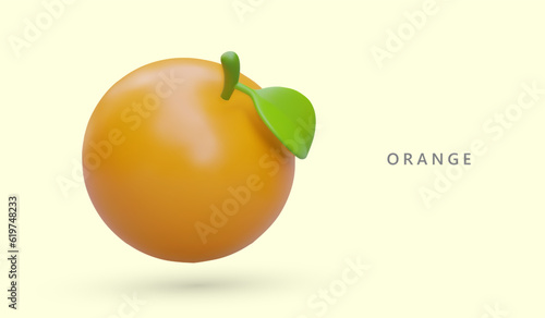 Cute whole 3D orange with leaf. Round juicy fruit on colored background. Ripe tangerine with highlights and shadows. Sweet aromatic clementine. Natural raw sweets