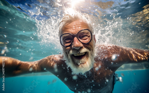 Elderly man swimming underwater. Happy elderly enjoying summer vacation