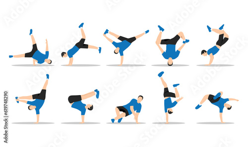Set of silhouettes of dancers breakdance dancer. Flat vector illustration isolated on white background