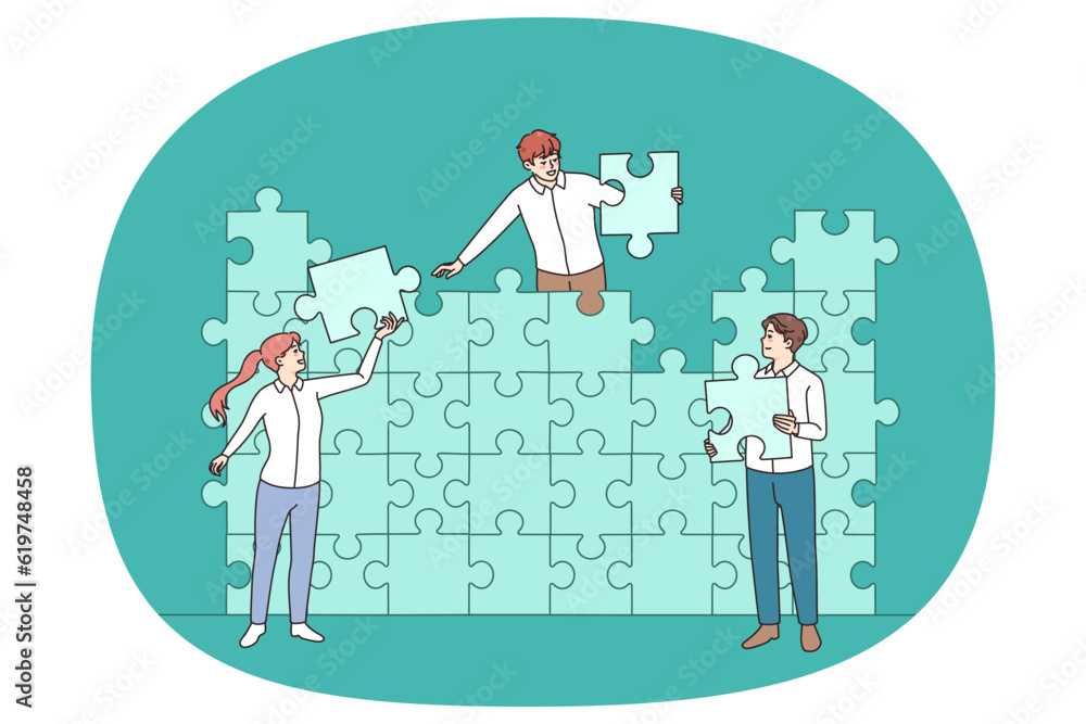 Diverse businesspeople connect jigsaw puzzles looking for business solution together. Colleagues cooperate join pieces for shared goal or result achievement. Teamwork. Vector illustration.