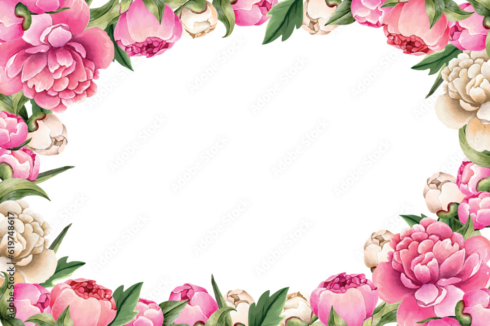 Vector watercolor peony flowers and leaves background