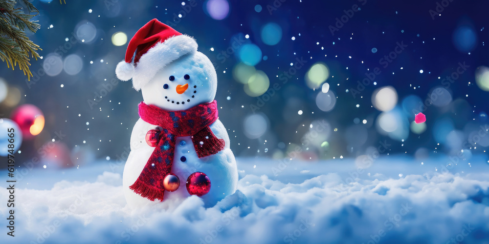 The snowman with red hat and scarf is standing in the snow,Generative AI.