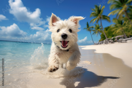 illustration of a white westin highland terrier dog, running and jumping on the beach. Created with Ai generative
