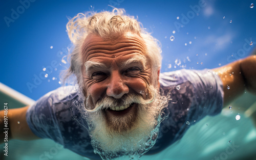 Elderly man swimming underwater. Happy elderly enjoying summer vacation