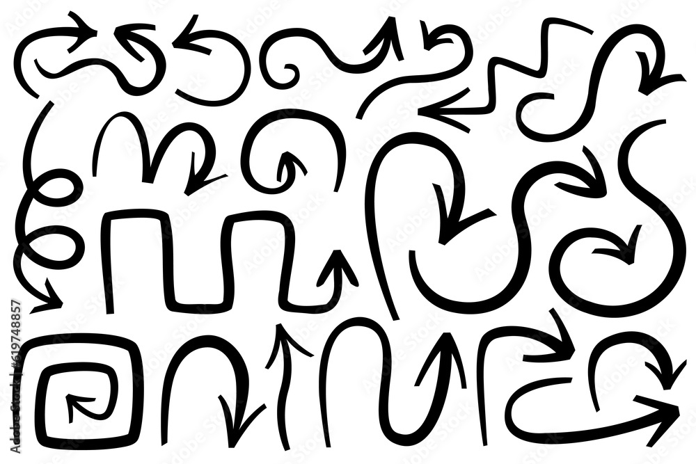 Collection of Hand drawn black vector arrows doodle on white background. Arrow design element, different position, Collection of Hand drawn black vector arrows doodle on white background. Arrow design element, different position,