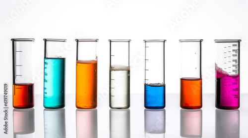 laboratory multi-colored samples of bacteria and microorganisms in transparent glass test tubes, isolated white background