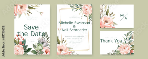 Floral wedding invitation card template design, purple watercolor decorated with magnolia liliiflora flowerss on white
