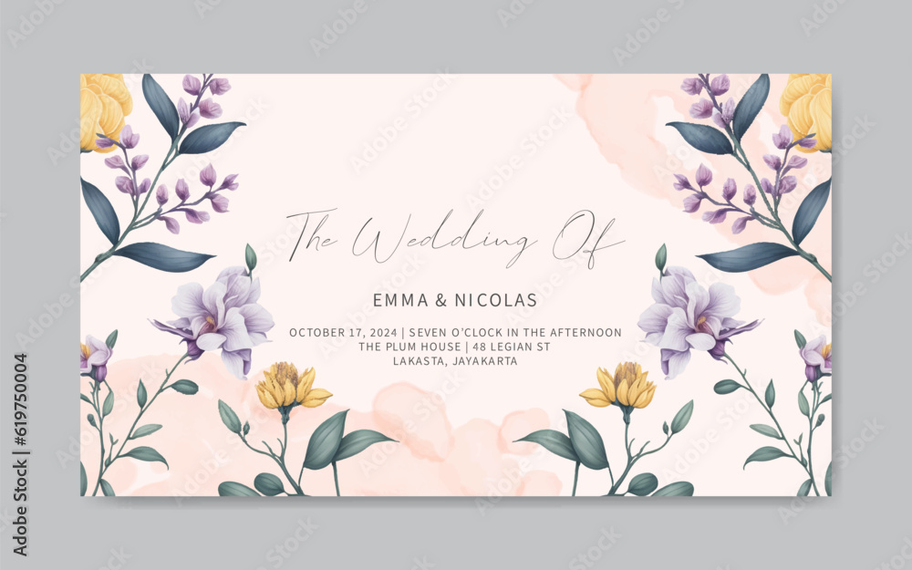 Romantic watercolor flowers wedding invitation template