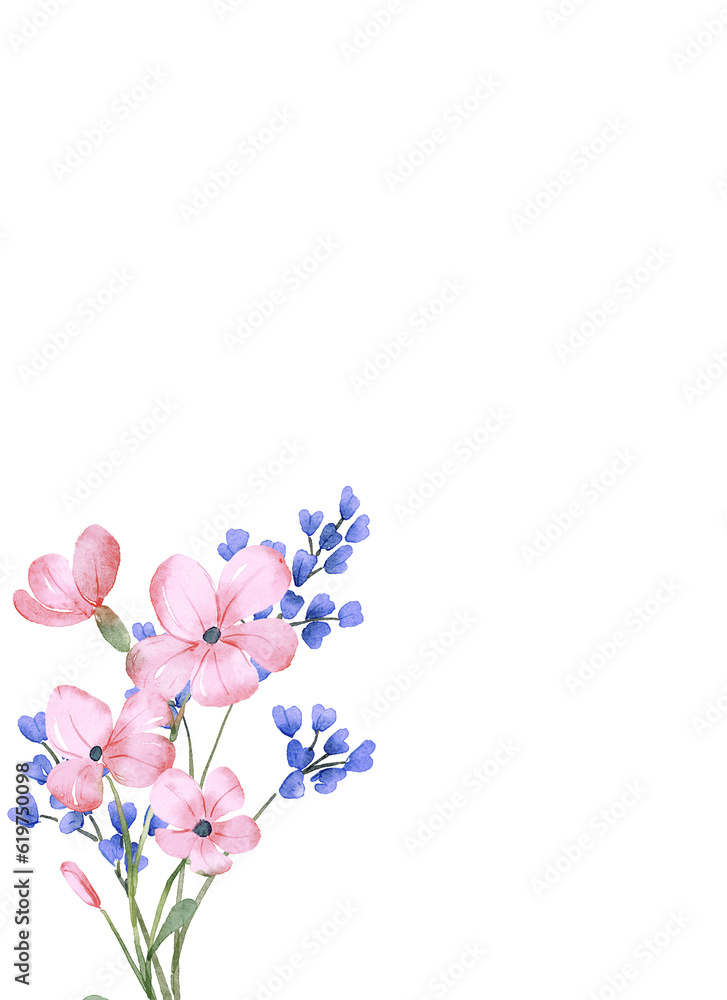 Floral background for greeting card, invitation and other printing design. Watercolor flowers isolated on white. Hand drawing.