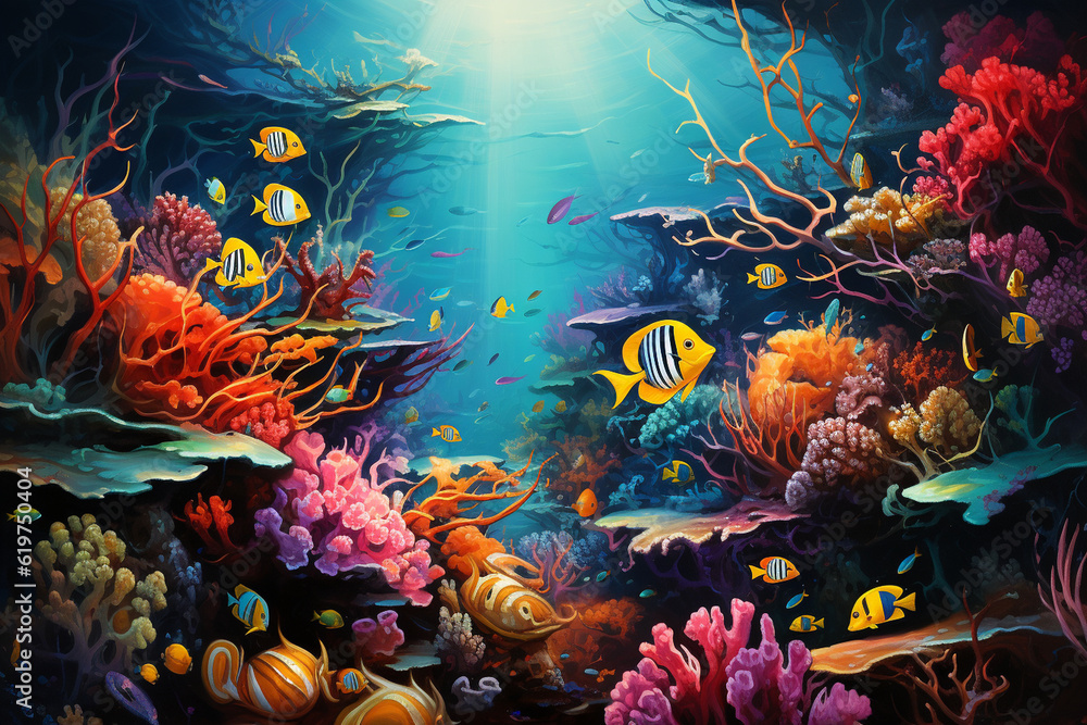 a vibrant coral reef teeming with colorful fish, capturing the beauty and tranquility of the marine world beneath the surface. Generative AI