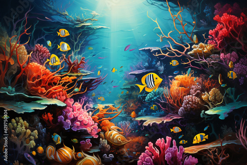 a vibrant coral reef teeming with colorful fish, capturing the beauty and tranquility of the marine world beneath the surface. Generative AI