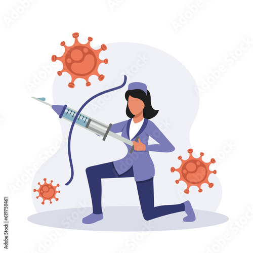 Doctor holding syringe in bow shape. Protection from pandemic outbreak. Concept of antiviral vaccination. Boosting immune system health. Vector flat illustration in blue colors