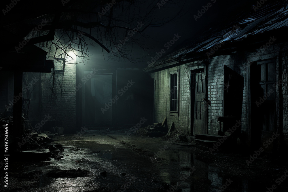 the eerie ambiance of an abandoned house, with shadowy corners and cracked windows, invoking a sense of mystery and the supernatural. Generative AI