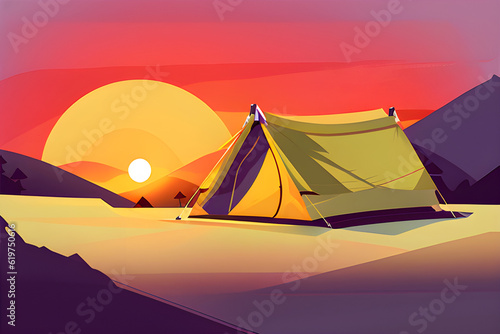 zelt zelten camping sonnenuntergang aufgang idyylisch berge generative ki