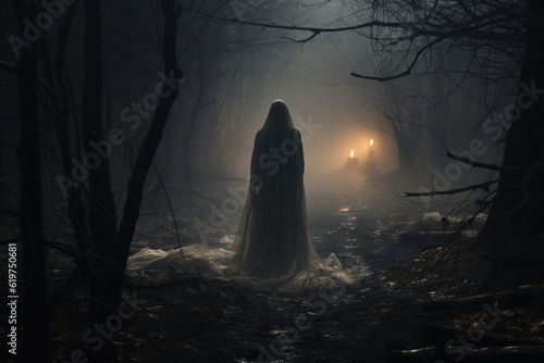 a ghostly figure shrouded in mist, haunting a desolate graveyard at midnight, evoking a sense of unease and the ethereal nature of spirits. Generative AI